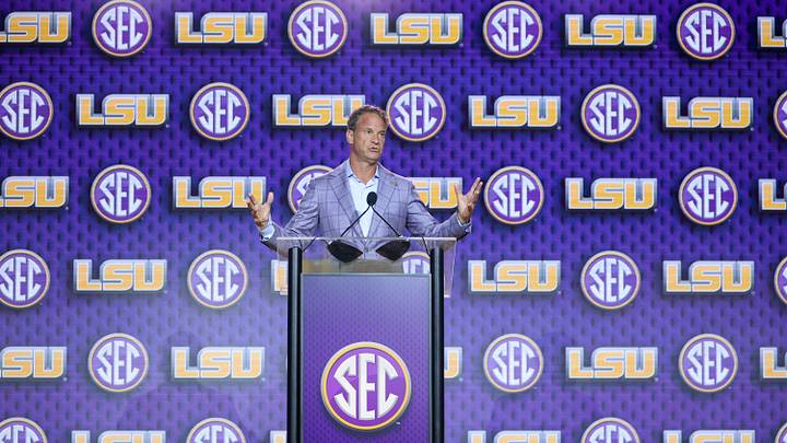 Jul 23, 2026; Tampa, FL, USA; LSU Tigers head coach Lane Kiffin speaks to the press during SEC Football Kickoff Media Day at the Tampa Marriott. Mandatory Credit: Nathan Ray Seebeck-Imagn Images