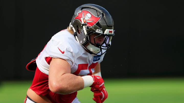 Tampa Bay Buccaneers defensive lineman Jack Pyburn (58) runs a drill during a joint Buccaneers‑Jaguars NFL practice at the Miller Electric Center on Tuesday, Aug. 25, 2026, in Jacksonville, Fla. Tampa Bay Buccaneers defensive lineman Jack Pyburn (58) runs a drill during a joint Buccaneers‑Jaguars NFL practice at the Miller Electric Center on Tuesday, Aug. 25, 2026, in Jacksonville, Fla.