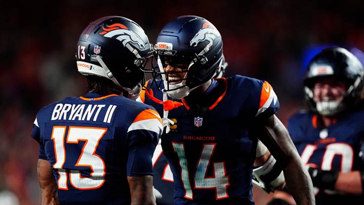 Sep 27, 2026; Denver, Colorado, USA; Denver Broncos wide receiver Pat Bryant (13) celebrates with wide receiver Courtland Sutton (14) after a two-point conversion against the Los Angeles Rams during the second half at Empower Field at Mile High. Mandatory Credit: Ron Chenoy-Imagn Images Sep 27, 2026; Denver, Colorado, USA; Denver Broncos wide receiver Pat Bryant (13) celebrates with wide receiver Courtland Sutton (14) after a two-point conversion against the Los Angeles Rams during the second half at Empower Field at Mile High. Mandatory Credit: Ron Chenoy-Imagn Images
