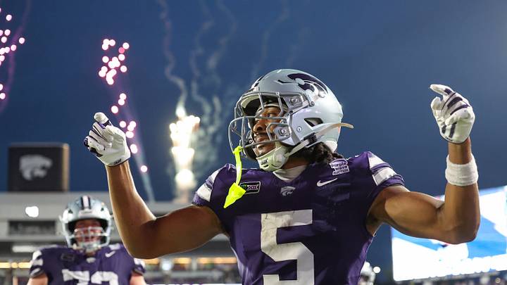 Sep 5, 2026; Manhattan, Kansas, USA; Kansas State Wildcats wide receiver Josh Manning (5) celebrates after scoring a touchdown in the third quarter against the Nicholls State Colonels at Bill Snyder Family Football Stadium. Mandatory Credit: Scott Sewell-Imagn Images Sep 5, 2026; Manhattan, Kansas, USA; Kansas State Wildcats wide receiver Josh Manning (5) celebrates after scoring a touchdown in the third quarter against the Nicholls State Colonels at Bill Snyder Family Football Stadium. Mandatory Credit: Scott Sewell-Imagn Images