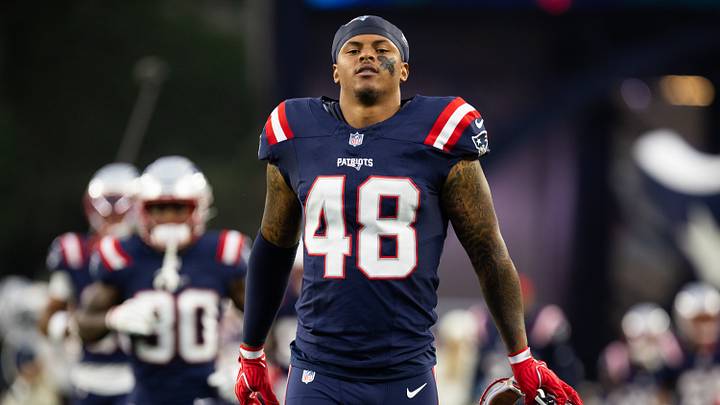 Aug 22, 2026; Foxborough, Massachusetts, USA; New England Patriots linebacker Namdi Obiazor (48) runs onto the field before the game against the Philadelphia Eagles at Gillette Stadium. Mandatory Credit: Edward Finan-Imagn Images