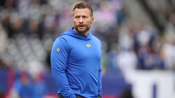 Dec 31, 2023; East Rutherford, New Jersey, USA; Los Angeles Rams head coach Sean McVay on the field before the game against the New York Giants at MetLife Stadium. Mandatory Credit: Vincent Carchietta-USA TODAY Sports