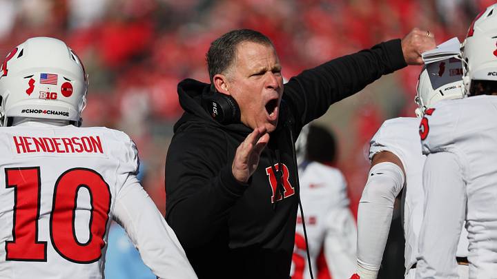 Nov 22, 2025; Columbus, Ohio, USA; Rutgers Scarlet Knights head coach Greg Schiano celebrates with the Rutgers defense against the Ohio State Buckeyes during the second quarter at Ohio Stadium. Mandatory Credit: Joseph Maiorana-Imagn Images Nov 22, 2025; Columbus, Ohio, USA; Rutgers Scarlet Knights head coach Greg Schiano celebrates with the Rutgers defense against the Ohio State Buckeyes during the second quarter at Ohio Stadium. Mandatory Credit: Joseph Maiorana-Imagn Images