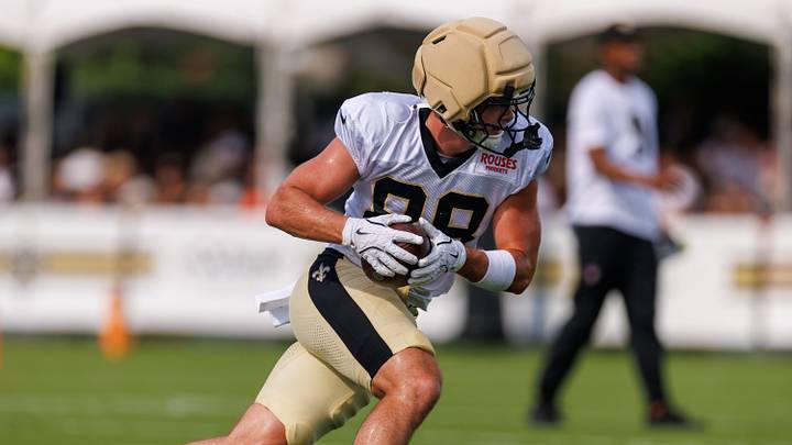 Aug 08, 2026; Metairie, LA, USA; New Orleans Saints tight end Oscar Delp (88) during training camp at Ochsner Sports Performance Center. Mandatory Credit: Stephen Lew-Imagn Images Aug 08, 2026; Metairie, LA, USA; New Orleans Saints tight end Oscar Delp (88) during training camp at Ochsner Sports Performance Center. Mandatory Credit: Stephen Lew-Imagn Images