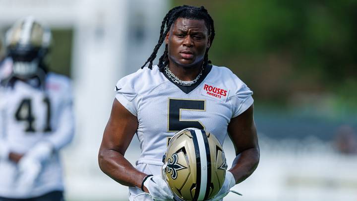 Jul 30, 2026; Metairie, LA, USA; New Orleans Saints running back Kendre Miller (5) looks on during training camp at Ochsner Sports Performance Center. Mandatory Credit: Stephen Lew-Imagn Images Jul 30, 2026; Metairie, LA, USA; New Orleans Saints running back Kendre Miller (5) looks on during training camp at Ochsner Sports Performance Center. Mandatory Credit: Stephen Lew-Imagn Images
