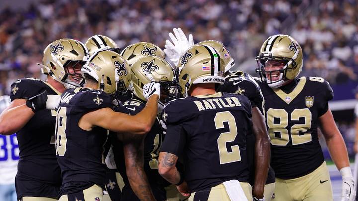 Aug 28, 2026; Arlington, Texas, USA; New Orleans Saints wide receiver Barion Brown (19) celebrates with teammates after running for a touchdown during the first half against the Dallas Cowboys at AT&T Stadium. Mandatory Credit: Kevin Jairaj-Imagn Images Aug 28, 2026; Arlington, Texas, USA; New Orleans Saints wide receiver Barion Brown (19) celebrates with teammates after running for a touchdown during the first half against the Dallas Cowboys at AT&T Stadium. Mandatory Credit: Kevin Jairaj-Imagn Images
