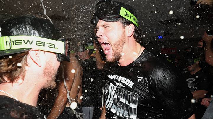 Sep 30, 2026; Houston, Texas, USA;  Chicago White Sox second baseman Chase Meidroth (10) celebrates in the clubhouse after a win against the Houston Astros of game two of the Wildcard round for the 2026 MLB Playoffs at Daikin Park.  Mandatory Credit: Troy Taormina-Imagn Images