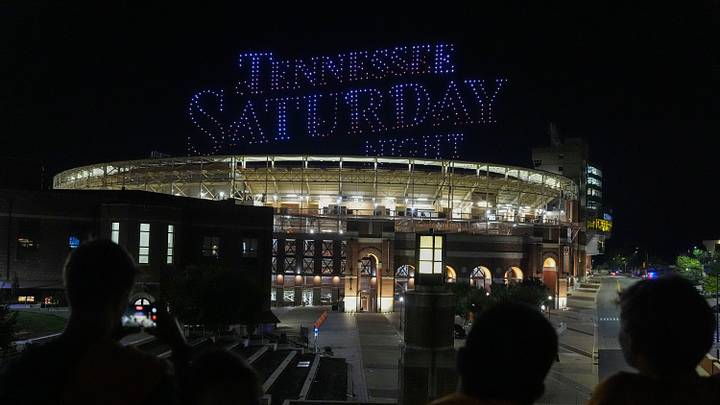 A drone show appears over Neyland Stadium at Tennessee Saturday Night at the University of Tennessee in Knoxville, Tenn., on Aug. 15, 2026. A drone show appears over Neyland Stadium at Tennessee Saturday Night at the University of Tennessee in Knoxville, Tenn., on Aug. 15, 2026.