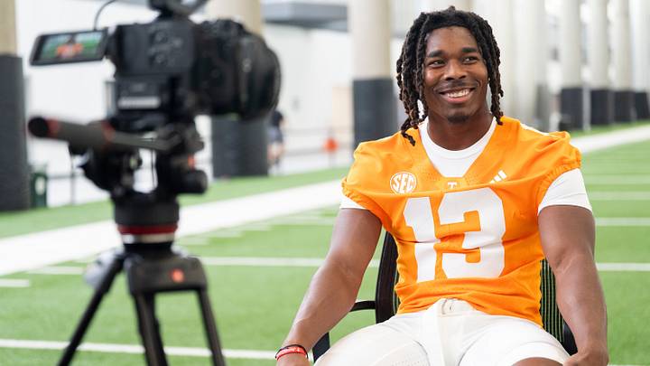 Tennessee linebacker Edwin Spillman (13) speaks to the media during Tennessee football’s media day on Aug. 4, 2026.