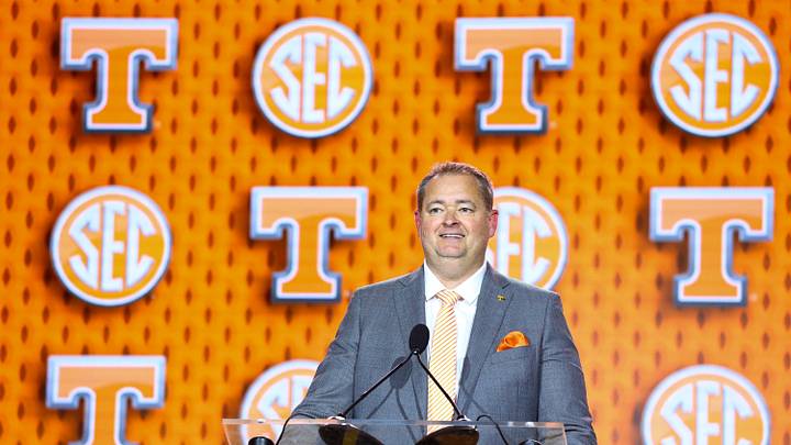Jul 20, 2026; Tampa, FL, USA; Tennessee Volunteers head coach Josh Heupel speaks to the press during SEC Football Kickoff Media Day at the Tampa Marriott. Mandatory Credit: Nathan Ray Seebeck-Imagn Images