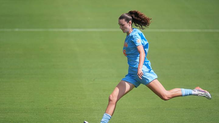 Tennessee's Ines Derrien (18) scores on a penalty kick against Northwestern during an NCAA college soccer match on Sept. 6, 2026, in Knoxville, Tennessee.