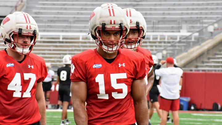 Wisconsin linebacker Sebastian Cheeks (15) during practice. Wisconsin linebacker Sebastian Cheeks (15) during practice.
