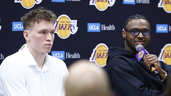 EL SEGUNDO, CALIFORNIA - JULY 02: Bronny James #9 of the Los Angeles Lakers speaks with the media during a press conference at UCLA Health Training Center on July 02, 2024 in El Segundo, California. The Lakers selected Bronny James and Dalton Knecht in the 2024 NBA Draft.
