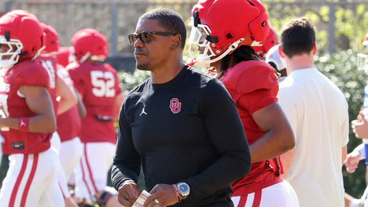 Oklahoma running backs coach Deland McCullough looks on during one of the Sooners' spring practices.