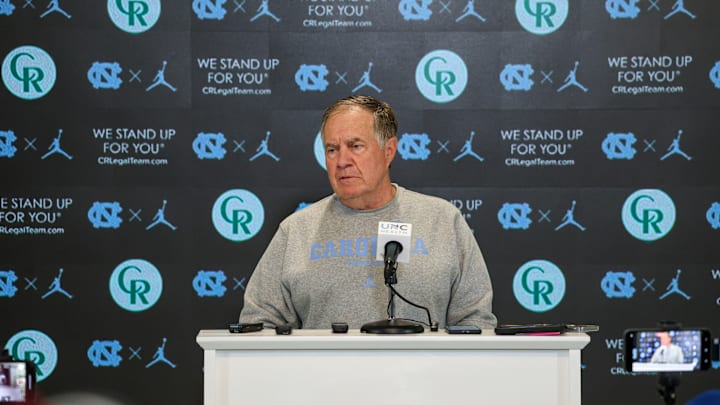 North Carolina head coach Bill Belichick speaking to the press before the Tar Heels' first practice of fall camp on Saturday, Aug. 2, 2025