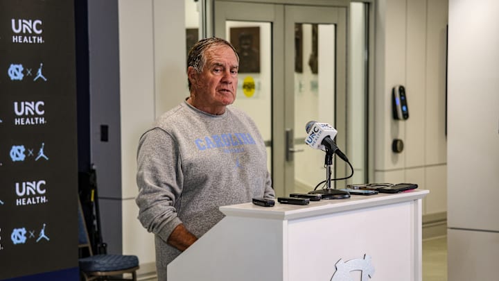 Bill Belichick speaking to the press before UNC's first practice of fall camp on Aug. 2, 2025.