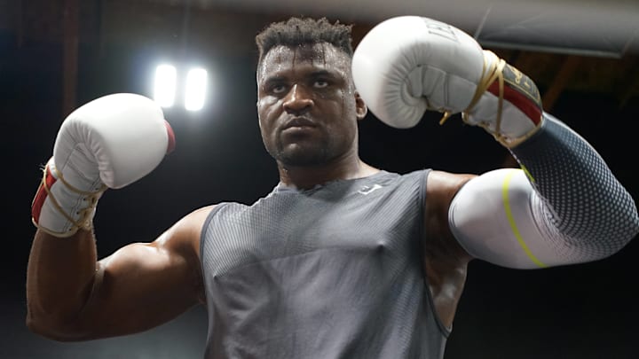 Francis Ngannou at the Tyson Fury vs. Francis Ngannou open workout on September 26, 2023.