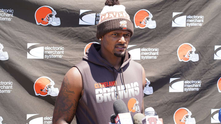 Browns QB Deshaun Watson meets with the media after Day 1 of mandatory minicamp. Browns QB Deshaun Watson meets with the media after Day 1 of mandatory minicamp.