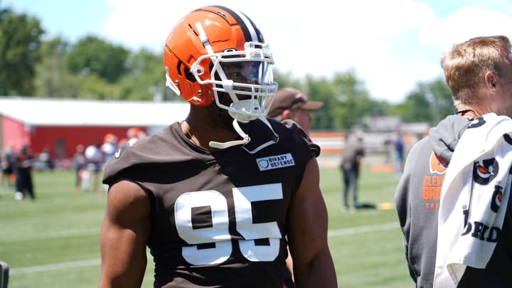 Myles Garrett working with the defensive line during the Browns first day of Mandatory Minicamp. 