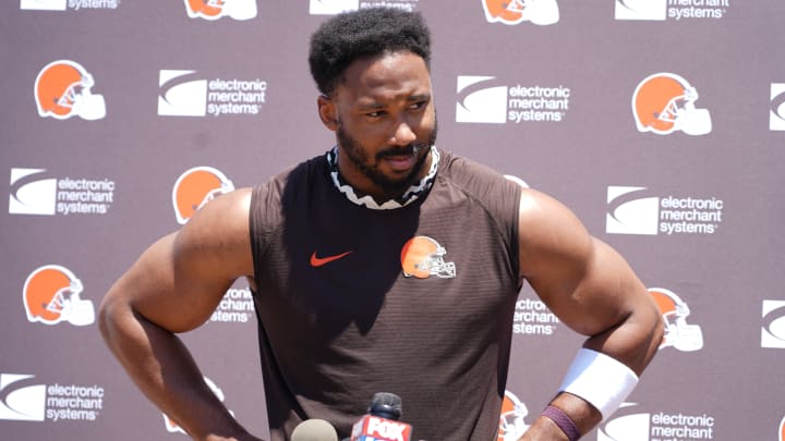 Myles Garrett meets with the media following day 2 of mandatory minicamp