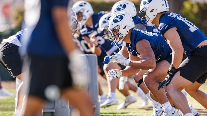 The BYU defensive line at the start of 2025 Spring camp