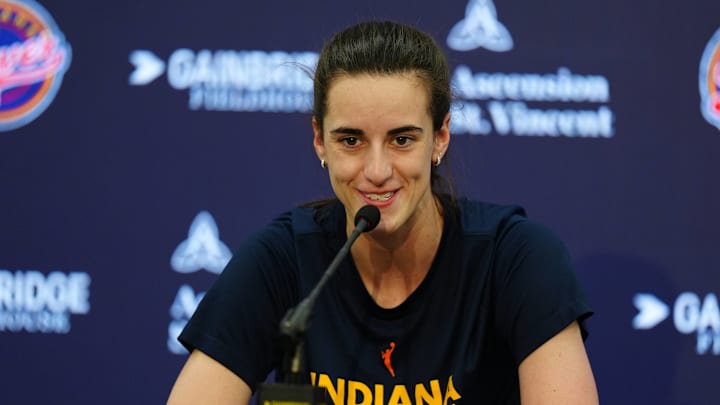 Indiana Fever guard Caitlin Clark (22) speaks 