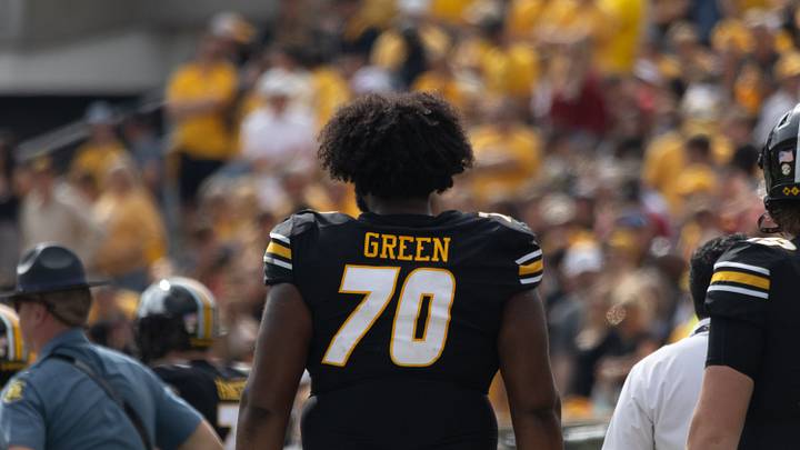 Oct 11, 2025; Columbia, MO; USA; Missouri Tigers offensive lineman Cayden Green stands on the sidelines during a game against the Alabama Crimson Tide Oct 11, 2025; Columbia, MO; USA; Missouri Tigers offensive lineman Cayden Green stands on the sidelines during a game against the Alabama Crimson Tide