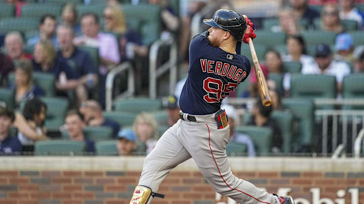 May 11, 2022; Cumberland, Georgia, USA; Boston Red Sox left fielder Alex Verdugo (99) hits a double before scoring against the Atlanta Braves during the second inning at Truist Park. Mandatory Credit: Dale Zanine-Imagn Images May 11, 2022; Cumberland, Georgia, USA; Boston Red Sox left fielder Alex Verdugo (99) hits a double before scoring against the Atlanta Braves during the second inning at Truist Park. Mandatory Credit: Dale Zanine-Imagn Images
