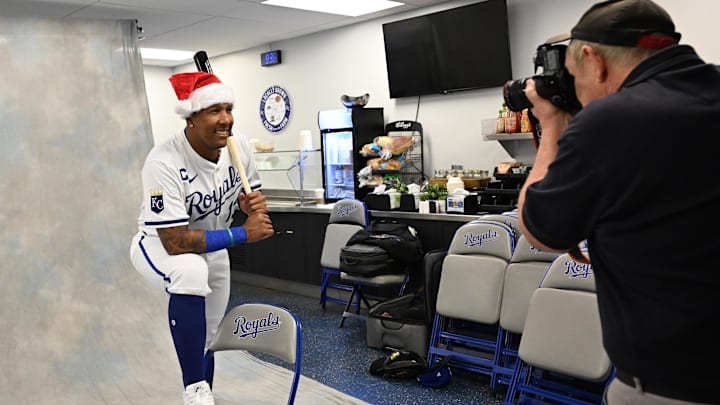 Kansas City Royals catcher Salvador Perez (13) poses for a photo during media day at Camelback Ranch in 2025.