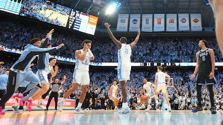 North Carolina Tar Heels guard Seth Trimble (7) and forward Caleb Wilson (8)