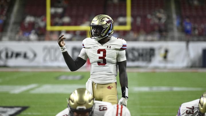 Jun 14, 2025; St. Louis, MO, USA; Michigan Panthers quarterback Bryce Perkins (3) gestures against the DC Defenders during the second quarter of the 2025 UFL Championship at The Dome at America’s Center. Mandatory Credit: Jeff Le-Imagn Images
