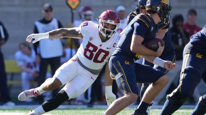 Nov 11, 2023; Berkeley, California, USA; Washington State Cougars defensive end Brennan Jackson (80).