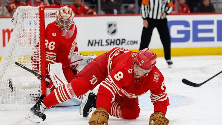 Mar 6, 2026; Detroit, Michigan, USA;  Detroit Red Wings defenseman Ben Chiarot (8) defends in the third period against the Florida Panthers at Little Caesars Arena. Mandatory Credit: Rick Osentoski-Imagn Images