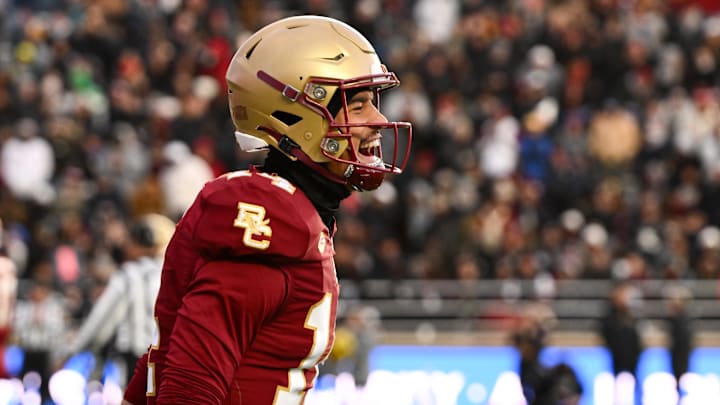 Nov 30, 2024; Chestnut Hill, Massachusetts, USA; Boston College Eagles quarterback Grayson James (14) reacts after throwing for a touchdown against the Pittsburgh Panthers during the first half at Alumni Stadium. Mandatory Credit: Brian Fluharty-Imagn Images Nov 30, 2024; Chestnut Hill, Massachusetts, USA; Boston College Eagles quarterback Grayson James (14) reacts after throwing for a touchdown against the Pittsburgh Panthers during the first half at Alumni Stadium. Mandatory Credit: Brian Fluharty-Imagn Images