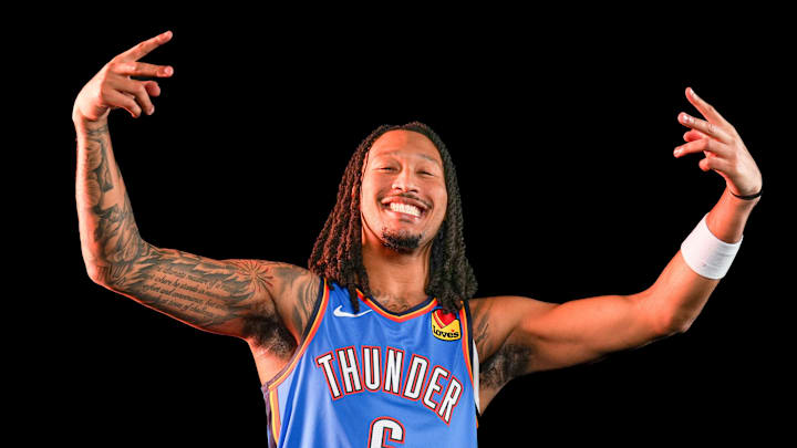 Oklahoma forward Jaylin Williams (6) poses for a photo shoot during Thunder media day at Paycom Center in Oklahoma City on Monday, Sept. 29, 2025. Oklahoma forward Jaylin Williams (6) poses for a photo shoot during Thunder media day at Paycom Center in Oklahoma City on Monday, Sept. 29, 2025.