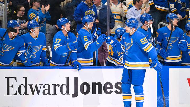 Apr 9, 2026; St. Louis, Missouri, USA; St. Louis Blues defenseman Colton Parayko (55) is congratulated by teammates after scoring against the Winnipeg Jets during the third period at Enterprise Center. Mandatory Credit: Jeff Curry-Imagn Images
