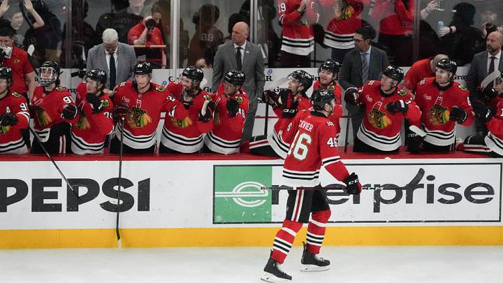 Apr 15, 2026; Chicago, Illinois, USA; Chicago Blackhawks defenseman Louis Crevier (46) celebrates his second goal against the San Jose Sharks  during the third period at United Center. Mandatory Credit: David Banks-Imagn Images