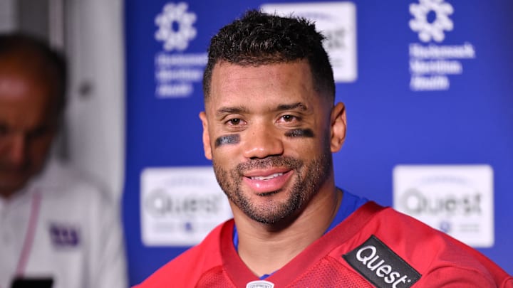 New York Giants quarterback Russell Wilson (3) speaks at a press conference during minicamp at Quest Diagnostics Training Center. New York Giants quarterback Russell Wilson (3) speaks at a press conference during minicamp at Quest Diagnostics Training Center.