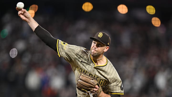 Jun 4, 2025; San Francisco, California, USA; San Diego Padres pitcher Jason Adam (40) throws against the San Francisco Giants in the seventh inning at Oracle Park. Mandatory Credit: Eakin Howard-Imagn Images