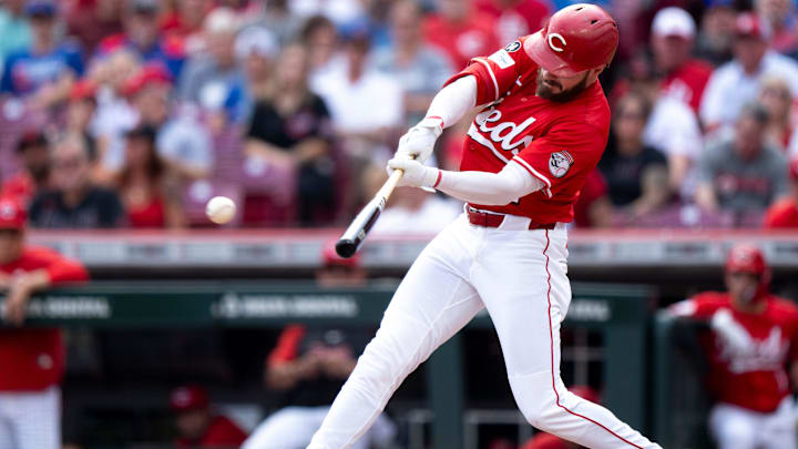 Cincinnati Reds designated hitter Gavin Lux (2) hits a base hit in the sixth inning between Cincinnati Reds and Chicago Cubs at Great American Ball Park in Cincinnati on Sept. 21, 2025. Cincinnati Reds designated hitter Gavin Lux (2) hits a base hit in the sixth inning between Cincinnati Reds and Chicago Cubs at Great American Ball Park in Cincinnati on Sept. 21, 2025.