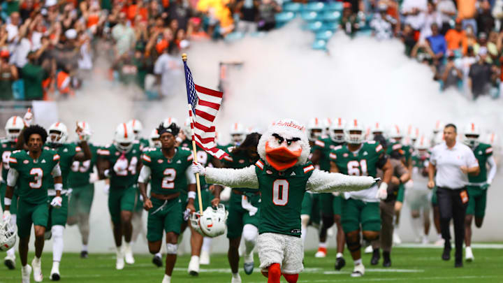 Nov 2, 2024; Miami Gardens, Florida, USA; Miami Hurricanes mascot Sebastian the Ibis leads the team onto the field before the game against the Duke Blue Devils at Hard Rock Stadium. Mandatory Credit: Sam Navarro-Imagn Images