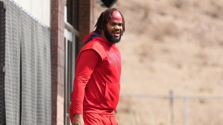 Feb 16, 2025; Tempe, AZ, USA; Los Angeles Angels pitcher Kenley Jansen (74) runs through drills during spring training camp. Mandatory Credit: Rick Scuteri-Imagn Images