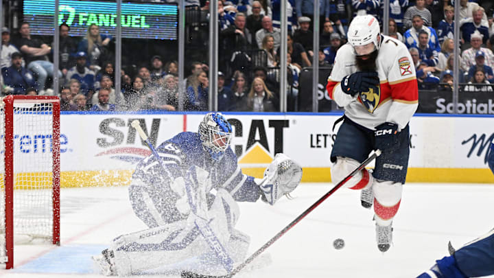 May 12, 2023; Toronto, Ontario, CAN;  Florida Panthers defenseman Radko Gudas (7) leaps to screen