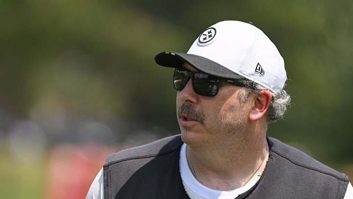 Jul 25, 2025; Pittsburgh, PA, USA; Pittsburgh Steelers offensive coordinator Arthur Smith participates in drills at training camp at Saint Vincent College. Mandatory Credit: Barry Reeger-Imagn Images