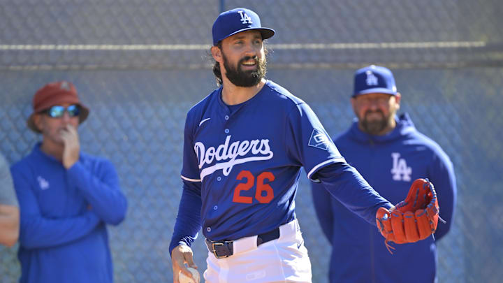 Los Angeles Dodgers starting pitcher Tony Gonsolin (26) throws a bullpen session during spring training workouts at Camelback Ranch in Glendale, Ariz., on Feb. 18, 2025.