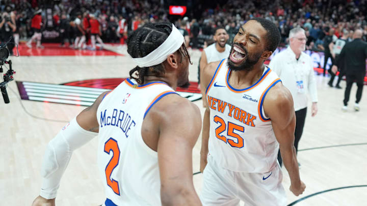 Mar 12, 2025; Portland, Oregon, USA; New York Knicks small forward Mikal Bridges (25) celebrates with point guard Miles McBride (2) after the game against the Portland Trail Blazers at Moda Center. Mandatory Credit: Soobum Im-Imagn Images Mar 12, 2025; Portland, Oregon, USA; New York Knicks small forward Mikal Bridges (25) celebrates with point guard Miles McBride (2) after the game against the Portland Trail Blazers at Moda Center. Mandatory Credit: Soobum Im-Imagn Images
