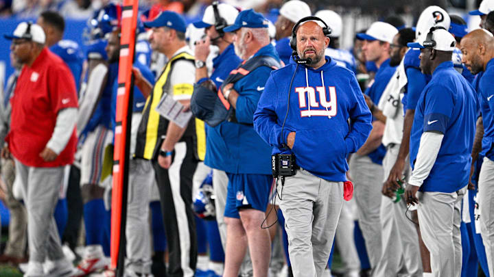 Aug 21, 2025; East Rutherford, New Jersey, USA; New York Giants head coach Brian Daboll during the second quarter against the New England Patriots at MetLife Stadium. Mandatory Credit: Mark Smith-Imagn Images