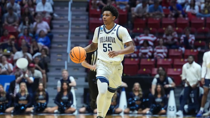 Mar 20, 2026; San Diego, CA, USA; Villanova Wildcats guard Acaden Lewis (55) controls the ball against the Utah State Aggies in the second half during a first round game of the men's 2026 NCAA Tournament at Viejas Arena. Mandatory Credit: Kirby Lee-Imagn Images