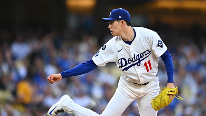 Mar 29, 2025; Los Angeles, California, USA; Los Angeles Dodgers pitcher Roki Sasaki (11) throws during the 1st inning against the Detroit Tigers at Dodger Stadium. Mandatory Credit: Jonathan Hui-Imagn Images