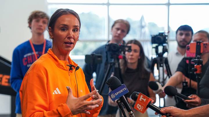 Tennessee women’s basketball coach Kim Caldwell speaks with media ahead the Tennessee Lady Vols basketball media day at Pratt Pavilion on Oct. 22, 2026. Tennessee women’s basketball coach Kim Caldwell speaks with media ahead the Tennessee Lady Vols basketball media day at Pratt Pavilion on Oct. 22, 2026.